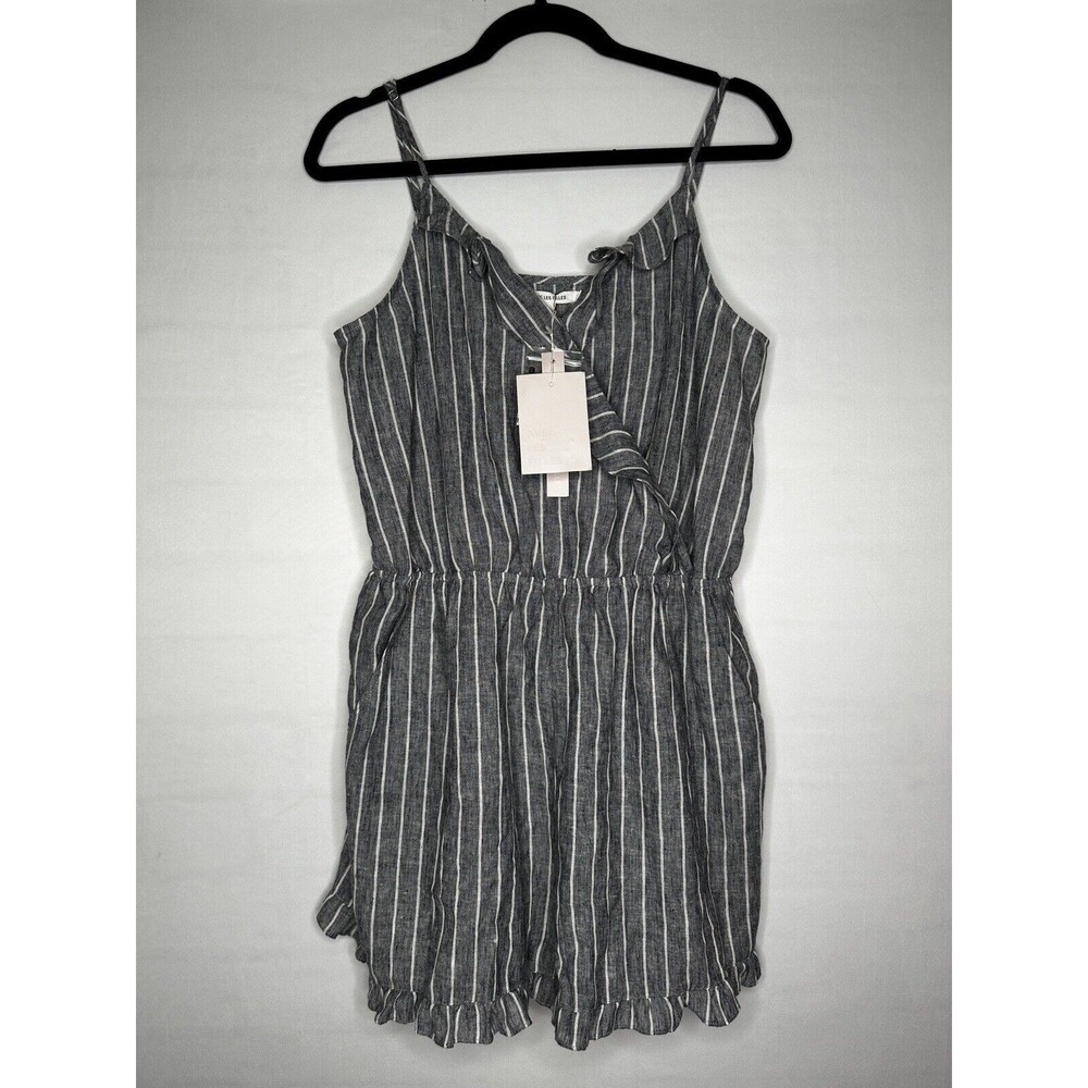 Avec Les Filles Linen Blend Striped Ruffle Romper Indigo‎ Heather Size Large NEW